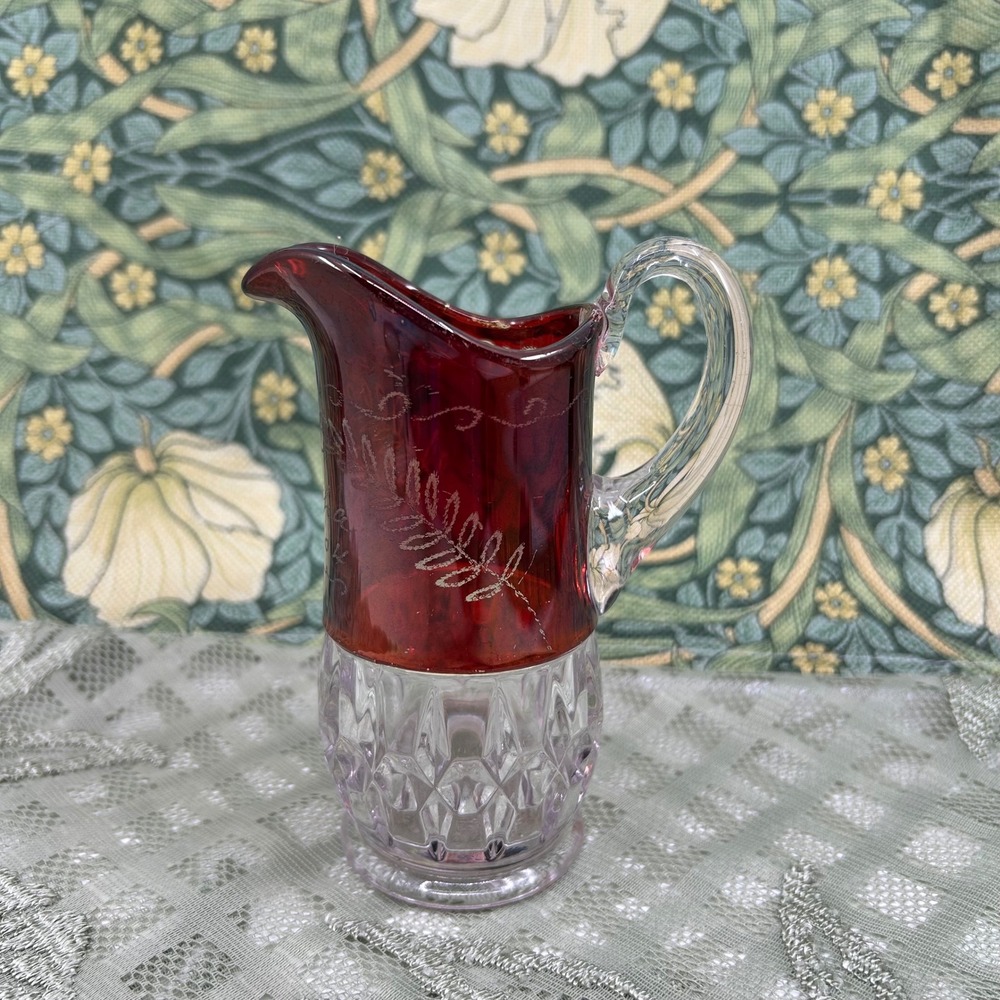 Vintage Editha 1904 Flashed Cranberry Etched Souvenir Glass Creamer Pitcher